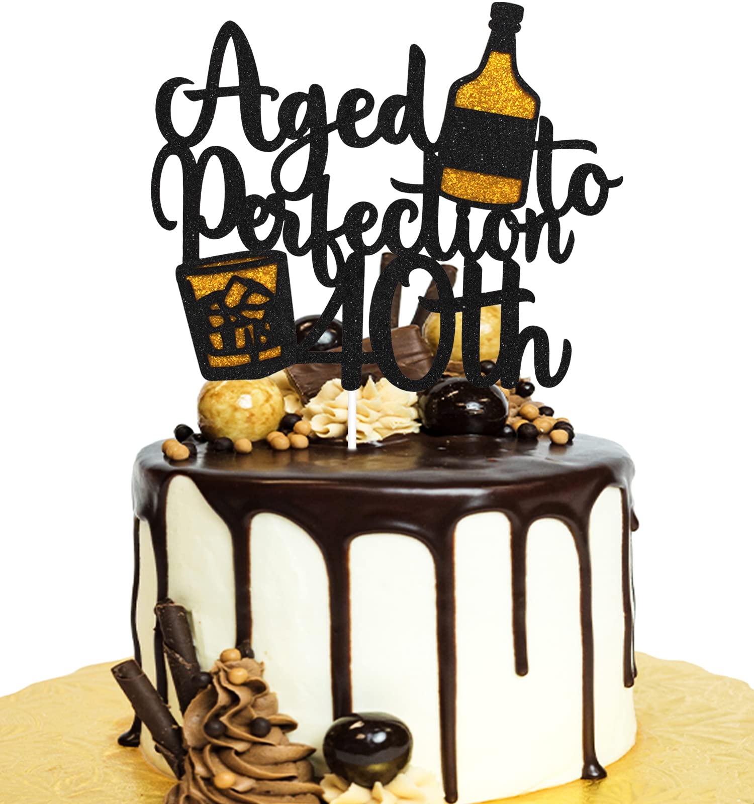 LHCING Aged To Perfection 40th Birthday Cake Topper, Black Glitter, 5.7x4.7