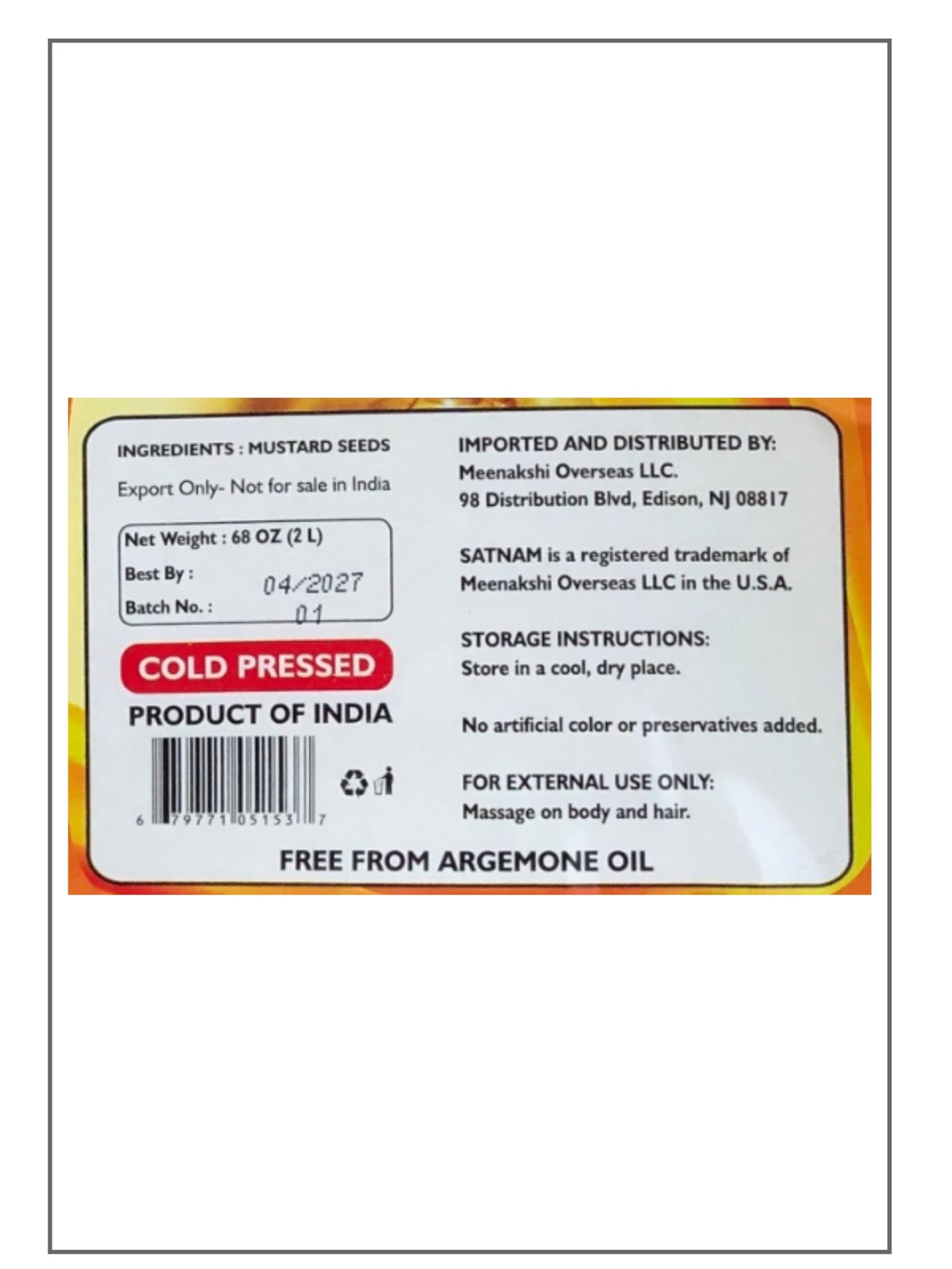 Yellow Mustard Oil 2Ltr (68 Fl.Oz) |100% Pure And Argemone Oil|