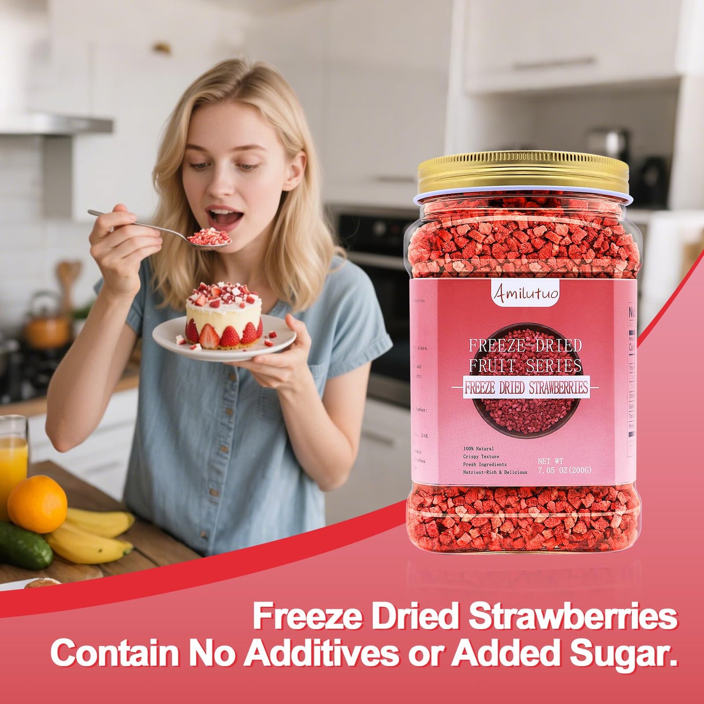 Amilutuo Freeze Dried Strawberries, 7.05OZ, Dehydrated Fruit for Yogurt, Smoothies, Snacks