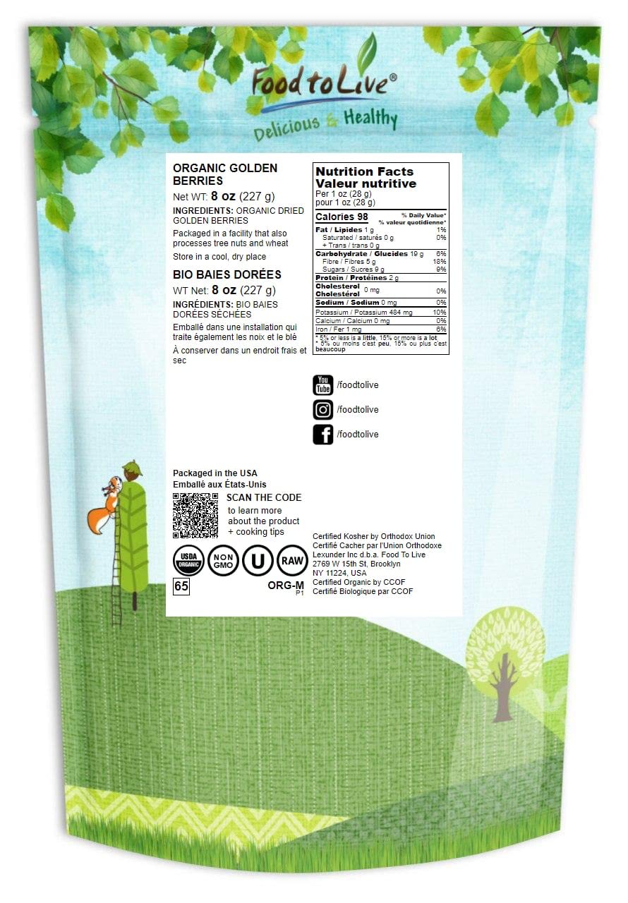 Food To Live Organic Golden Berries, 8 Ounces Non-Gmo, Whole Dried Berries, Unwseetened, Sulfite-Free, Kosher, Vegan, Bulk. Rich In Vitamin A. Soft, Chewy Texture. Great For Baked Goods, Granola.