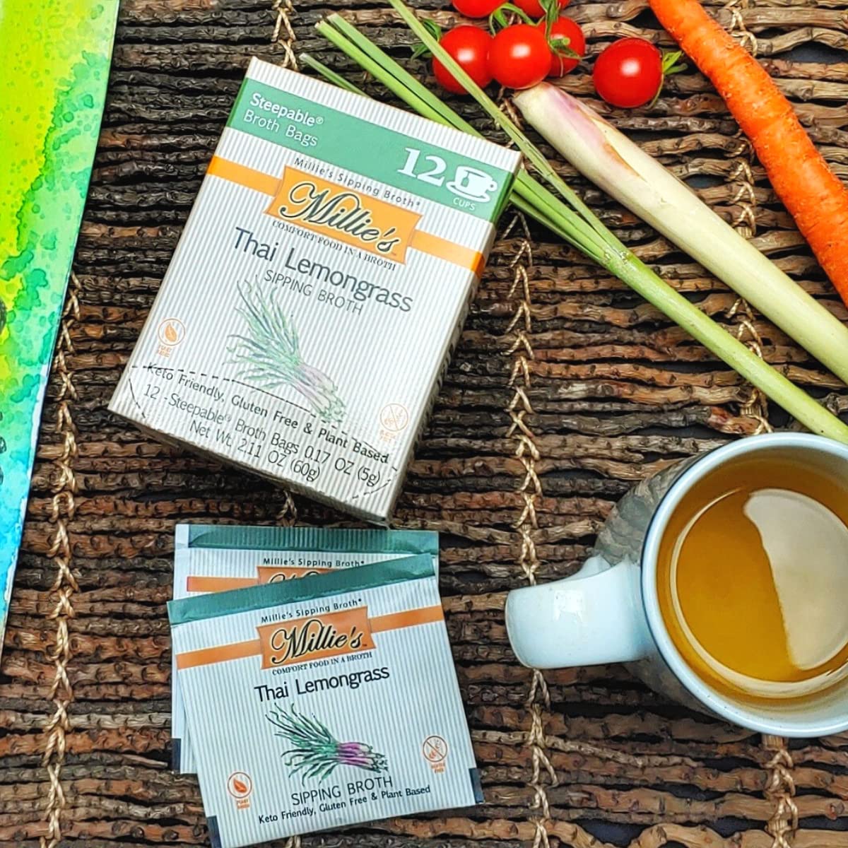 Millies Sipping Broth - Vegetable Broth -Natural-Gluten Free-Keto Friendly Thai Lemongrass 12 Count Box (2-Pack)