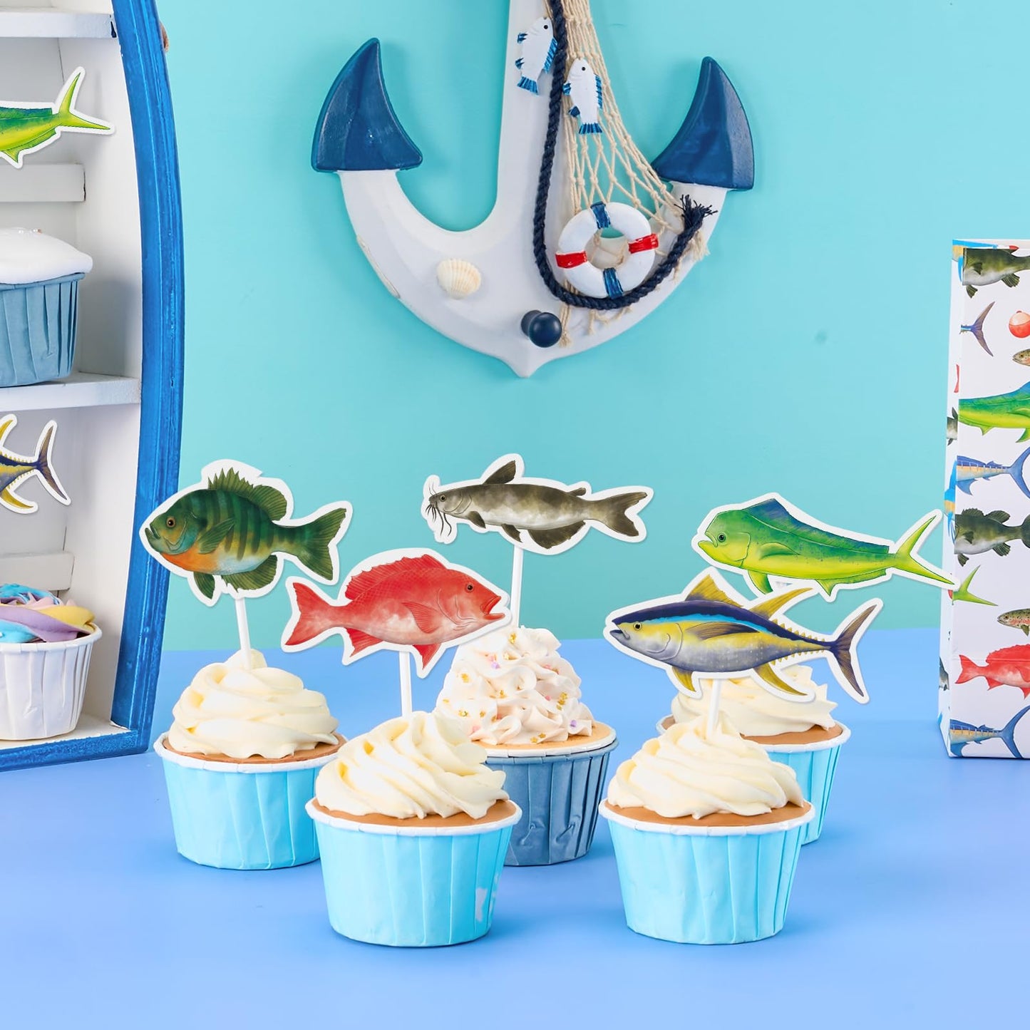 Wernnsai 36Pcs Fishing Cupcake Toppers Gone Fishing Birthday Cake Toppers Supplies For Baby Shower Fisherman Boys Birthday Party