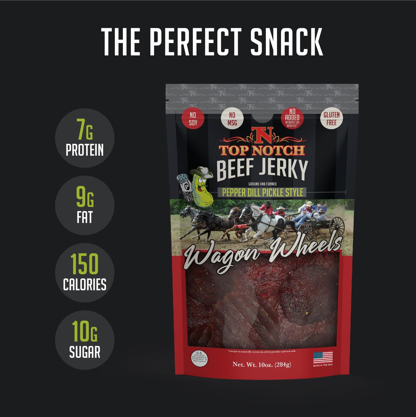 Top Notch Jerky Wagon Wheels Jerky - High Protein Snack, 10 Ounce, Made From Locally Raised Beef, Pepper Dill Pickle Flavor