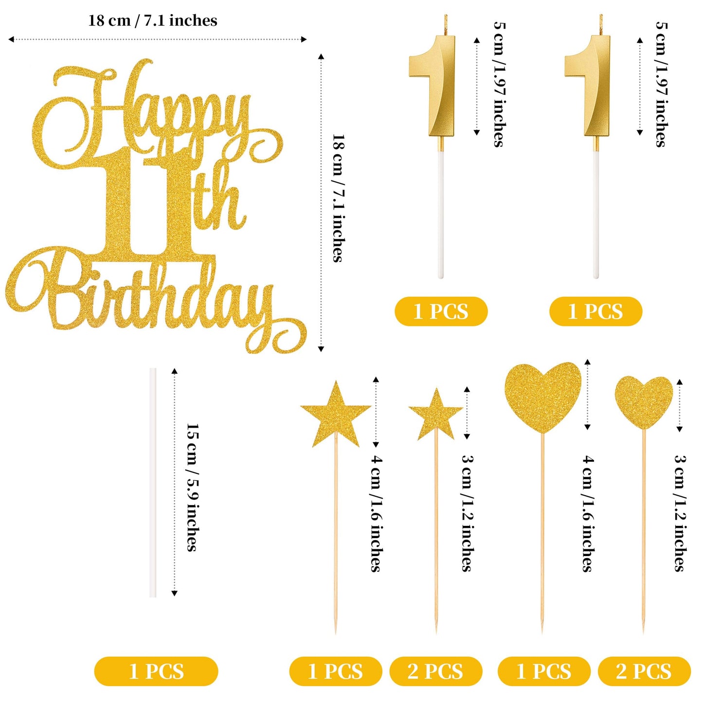 Lecferrarc 11th Birthday Cake Decorations Set, Gold Glitter Candles & Toppers for Birthday Party Supplies