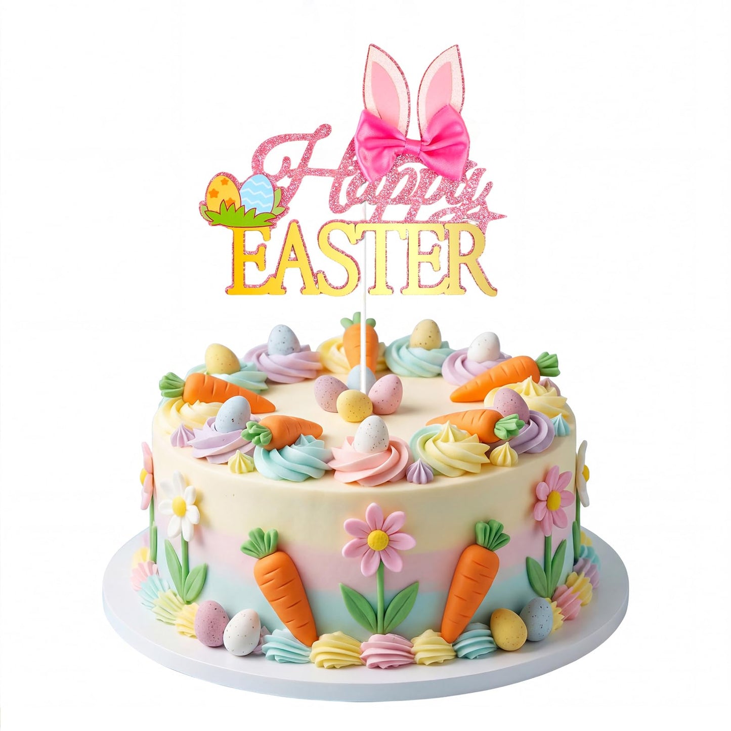Happy Easter Cake Topper Glitter Bunny Ear With Bow Cake Decorations For Happy Easter Spring Themed Baby Shower Kids Birthday Party Supplies