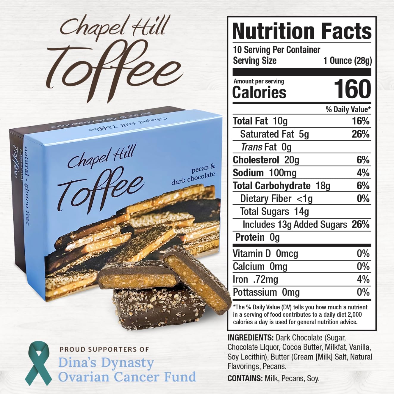 Chapel Hill Pecan and Dark Chocolate Toffee, Natural and Gluten Free, Delicious Toffee Squares (10 Ounce)