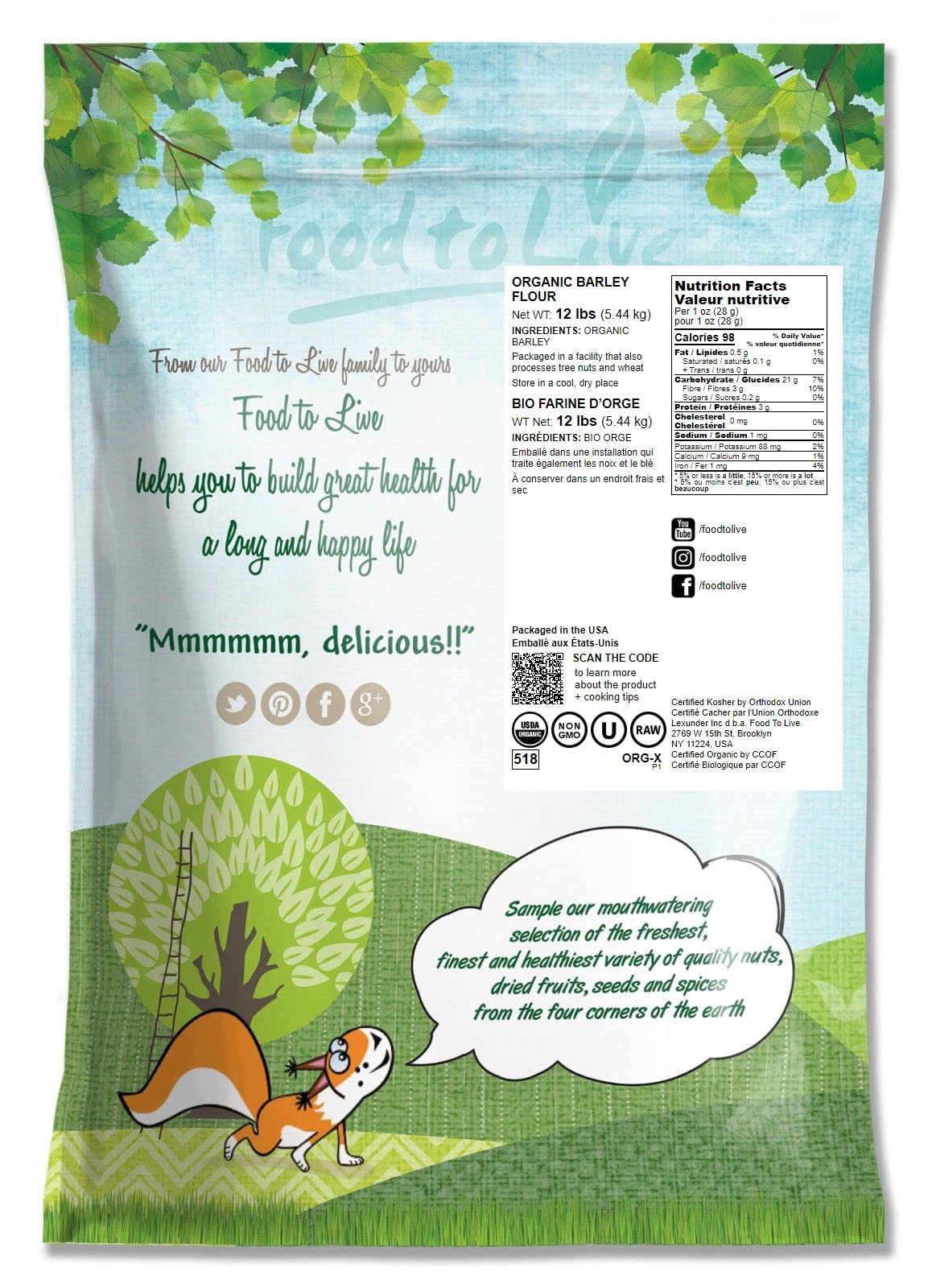 Food to Live Organic Barley Flour, 12 Pounds - Non-GMO, Stone Ground from Whole Hulled Barley, Fine, Kosher, Vegan, Bulk. Rich i
