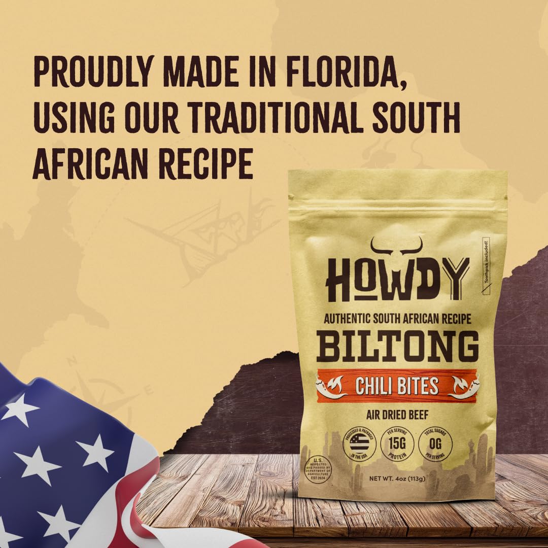 Howdysnax Biltong Chili Bites – 4 Pack (16 Oz Total) – Bulk Spicy Beef Snack • High-Protein • Keto & Paleo • No Preservatives • Made In Usa
