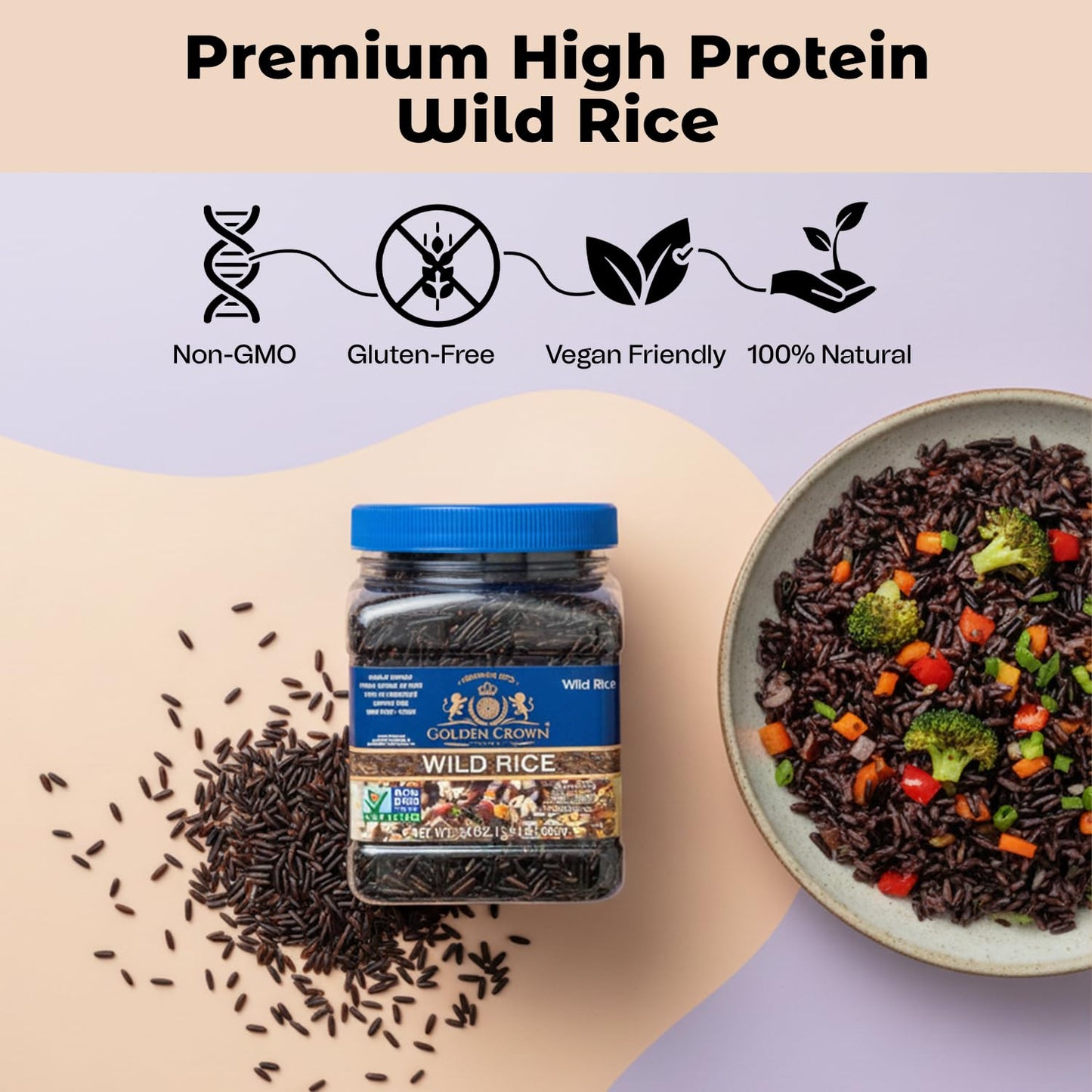 Golden Crown enhanced High Protein Wild Rice  Naturally Aged Gluten + GMO Free Vegan  Tasty and Delicious Low in Calories Grains  Great Source of Fiber and Rich in Magnesium - 24 oz (1.5Lb)