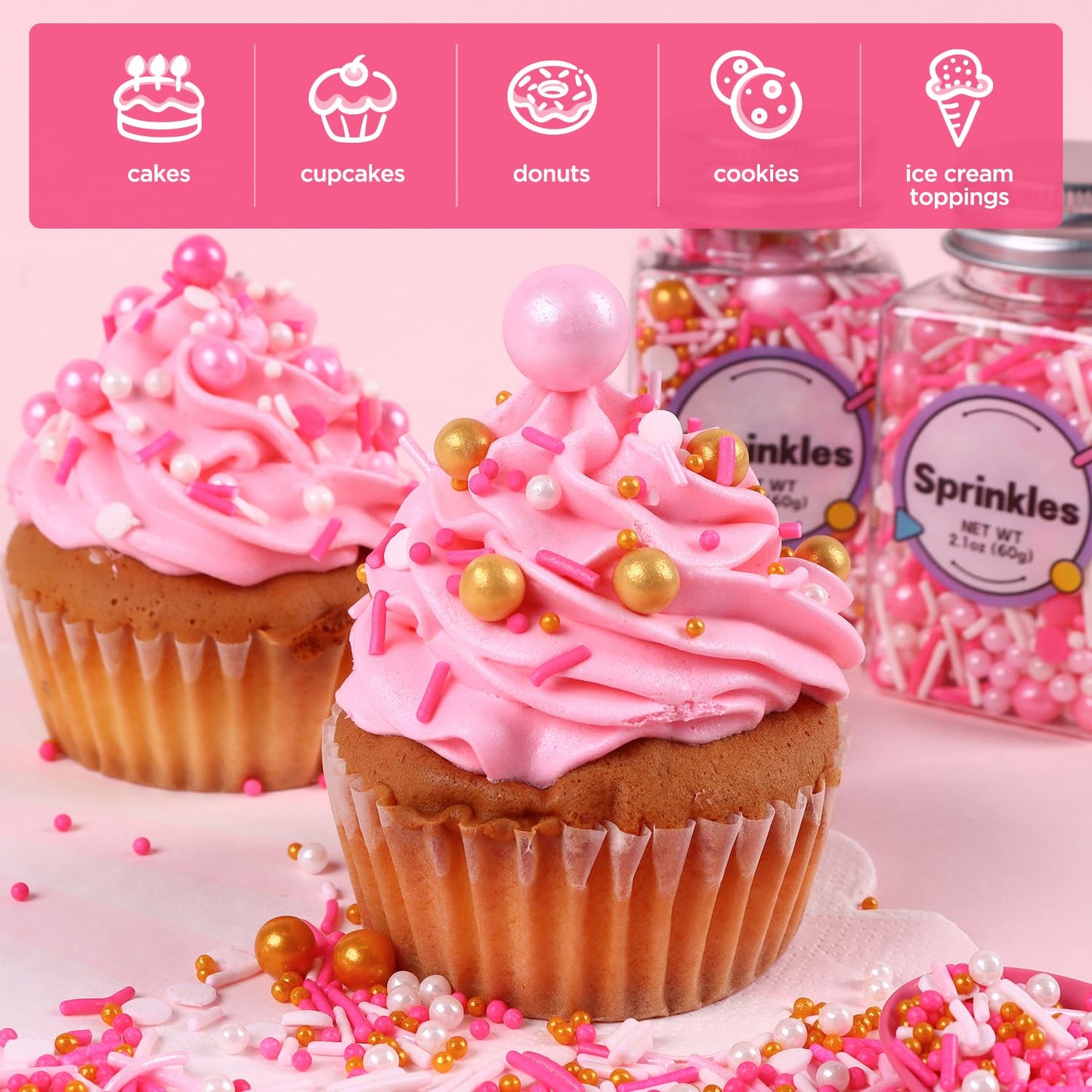 Edible Pink Sprinkle, Valentines Sprinkles Dessert Decorating, Confetti Sprinkle, Pearl Sprinkle, Pink Jimmies Sprinkle For Cake