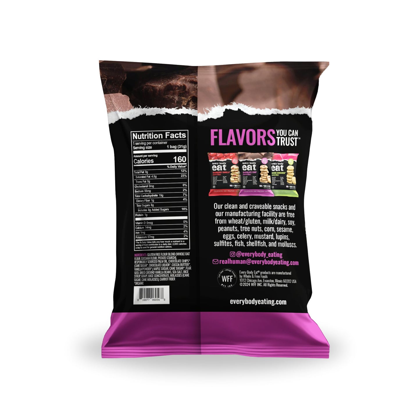 Every Body Eat Crunchy Cookie Bites, Gluten & Dairy Free, Vegan, School Safe Lunch Snacks, Single Serve (Pack Of 20) (Chocolate