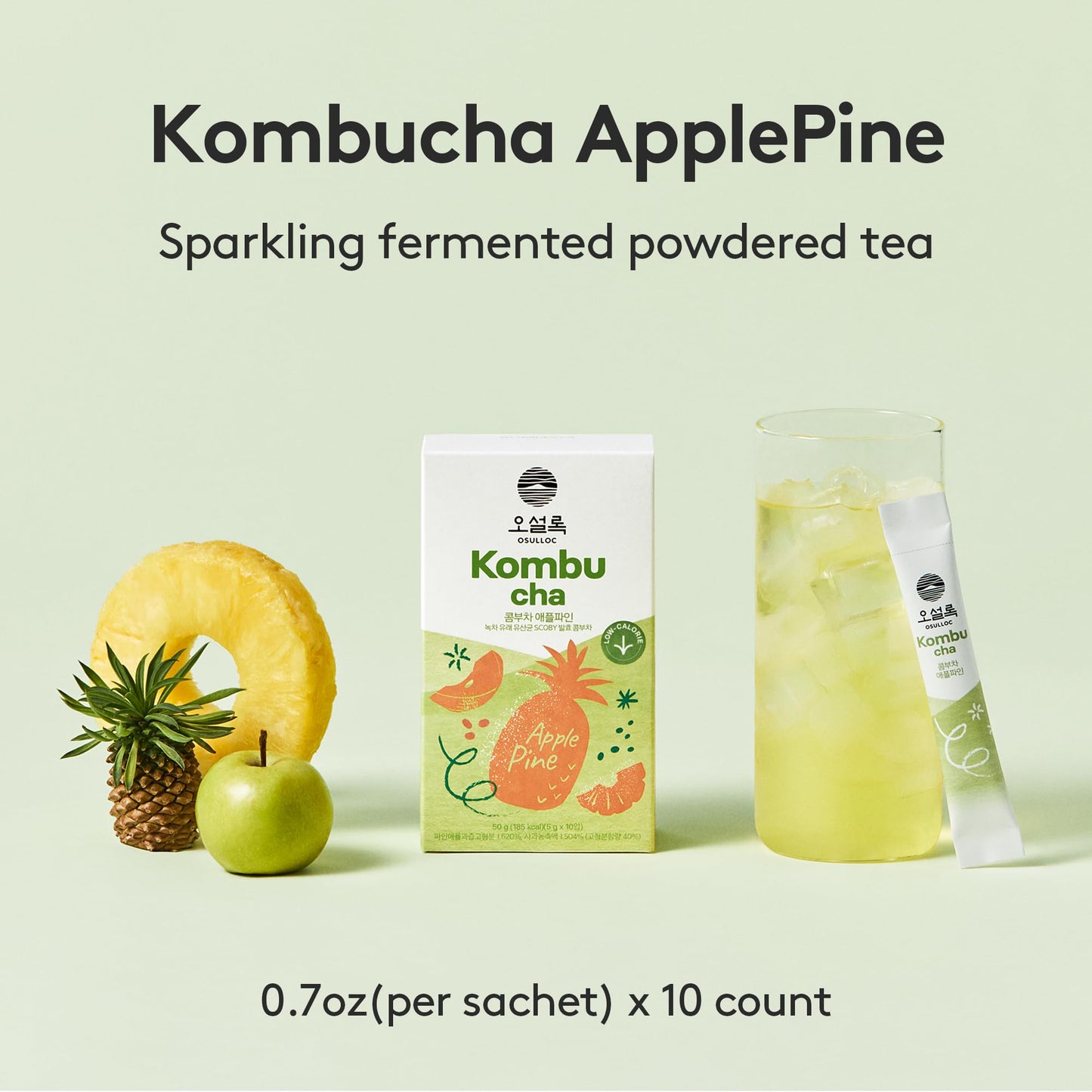 Osulloc Kombucha Tea Applepine (Pineapple & Apple), Electrolytes Powder & Hydration Drinks Packets, No Added Sugar, 10 Sticks, 1