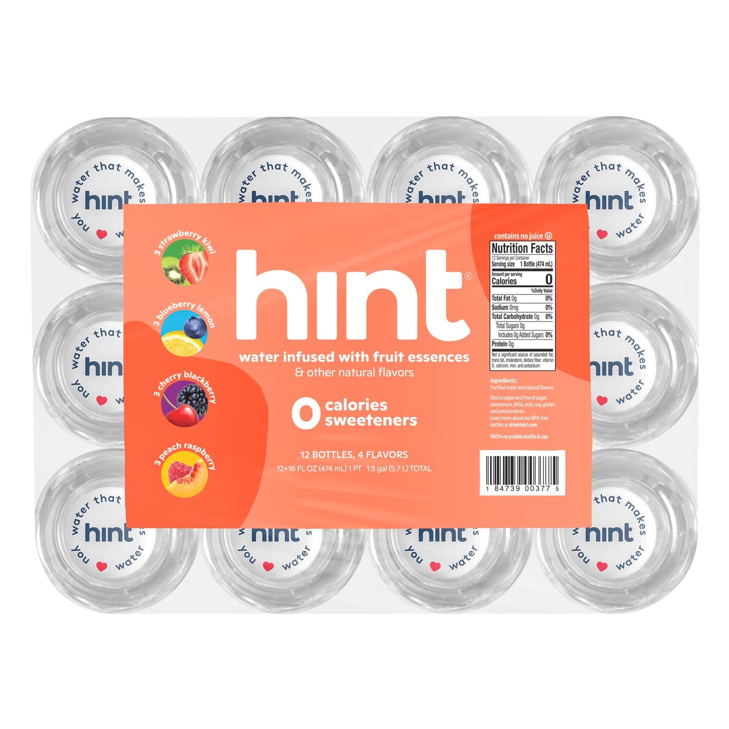 Hint Flavored Bottled Water, 4-Flavor Smashup Variety Pack - Purified Water Beverages With Zero Calories, Natural Flavors, And Sugar Free - 16 Fl Oz (Pack Of 12)