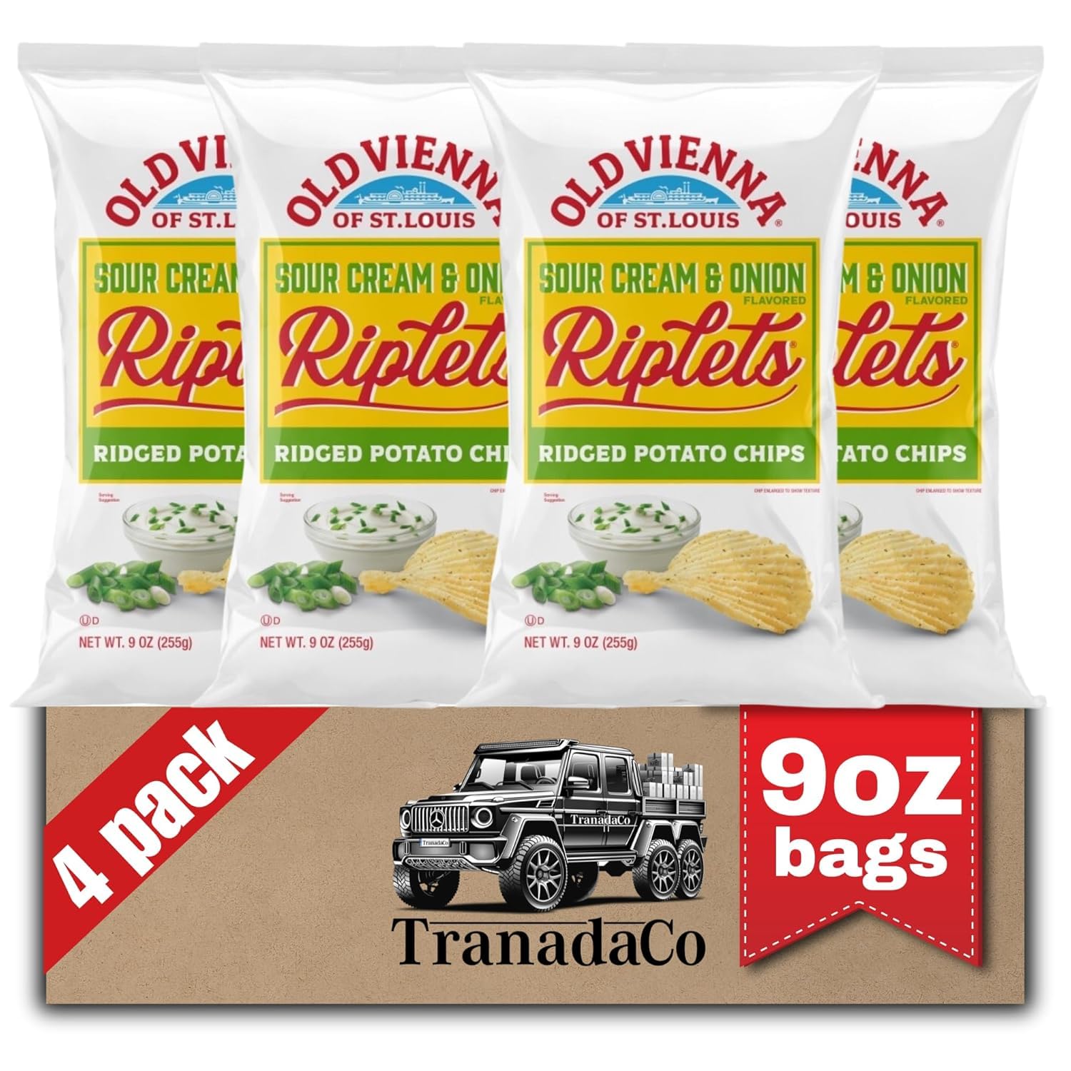 Old Vienna of St. Louis Sour Cream & Onion Flavored Riplets Ridged Potato Chips 9oz Bags (4 Pack) by TranadaCo