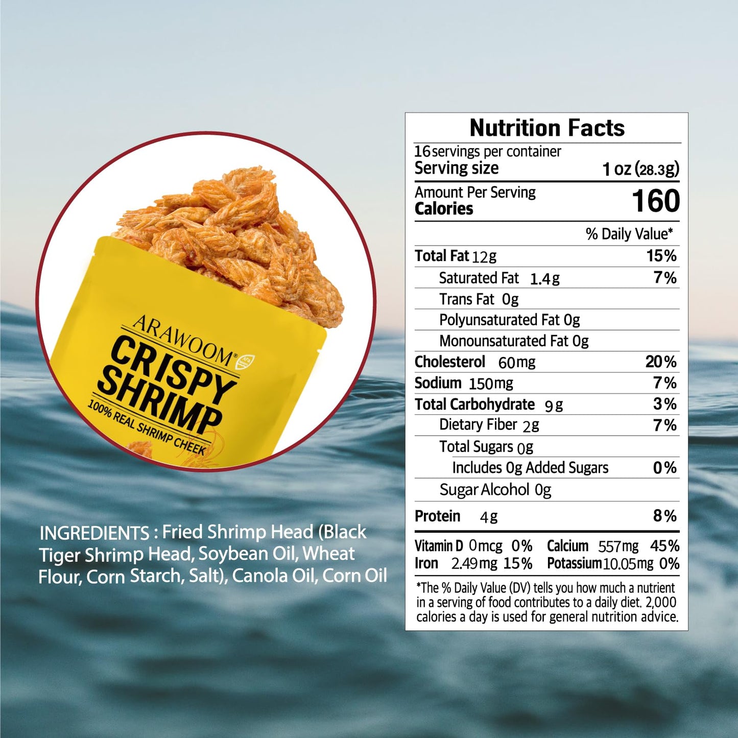 Arawoom - Real Crispy Shrimp Cheek Snack - 100% Real Black Tiger Shrimp - 16 Ounce (Pack Of 1) - Original Flavor - Crunchy Treat