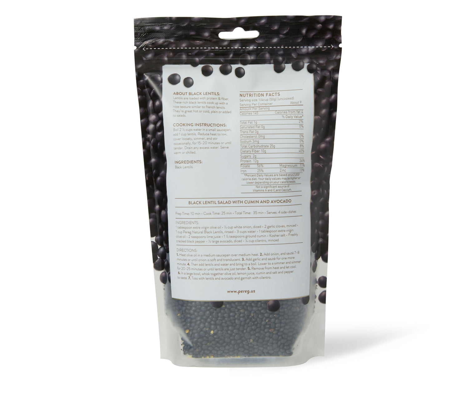 Pereg Whole Black Lentils - Non-GMO, Kosher Certified, Vegan - 16 Oz - Black