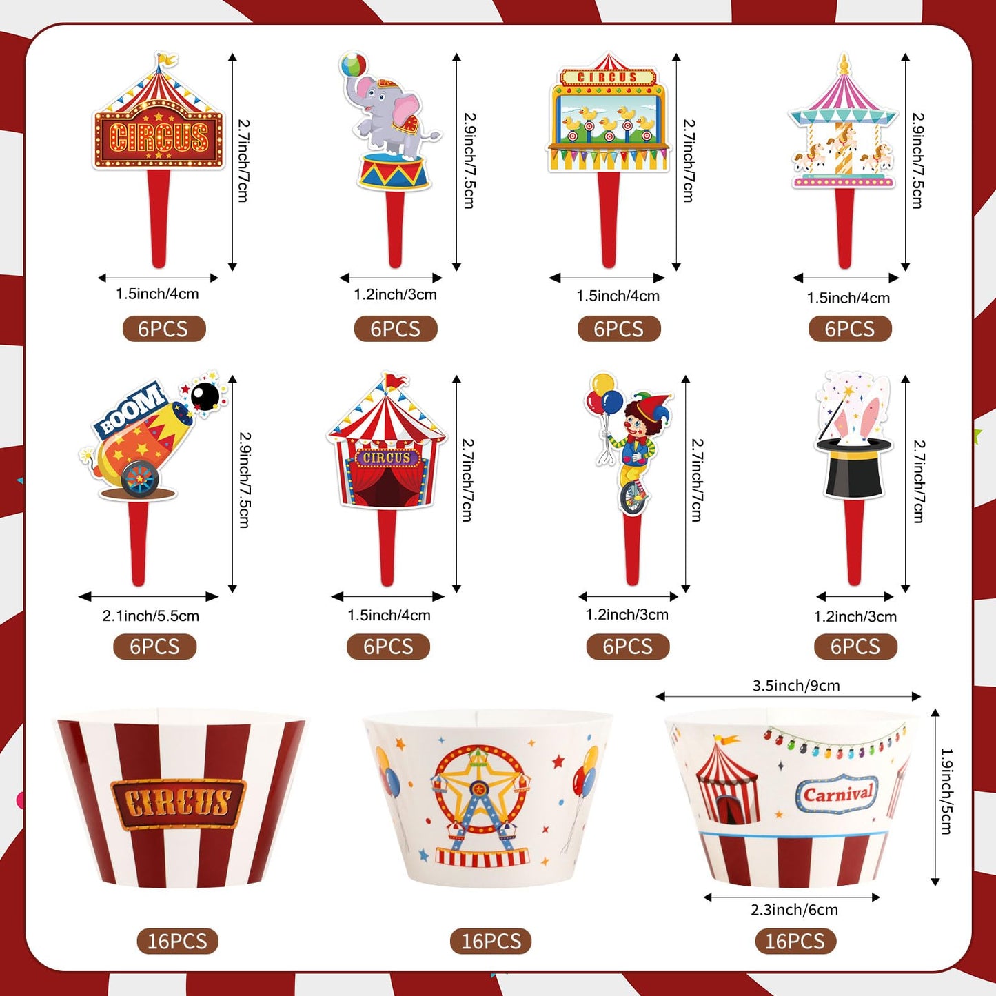 Hxezoc 48 Pack Circus Cupcake Toppers and Wrappers, Carnival Theme Birthday Party, Colored, 0.1 x 0.05 inches