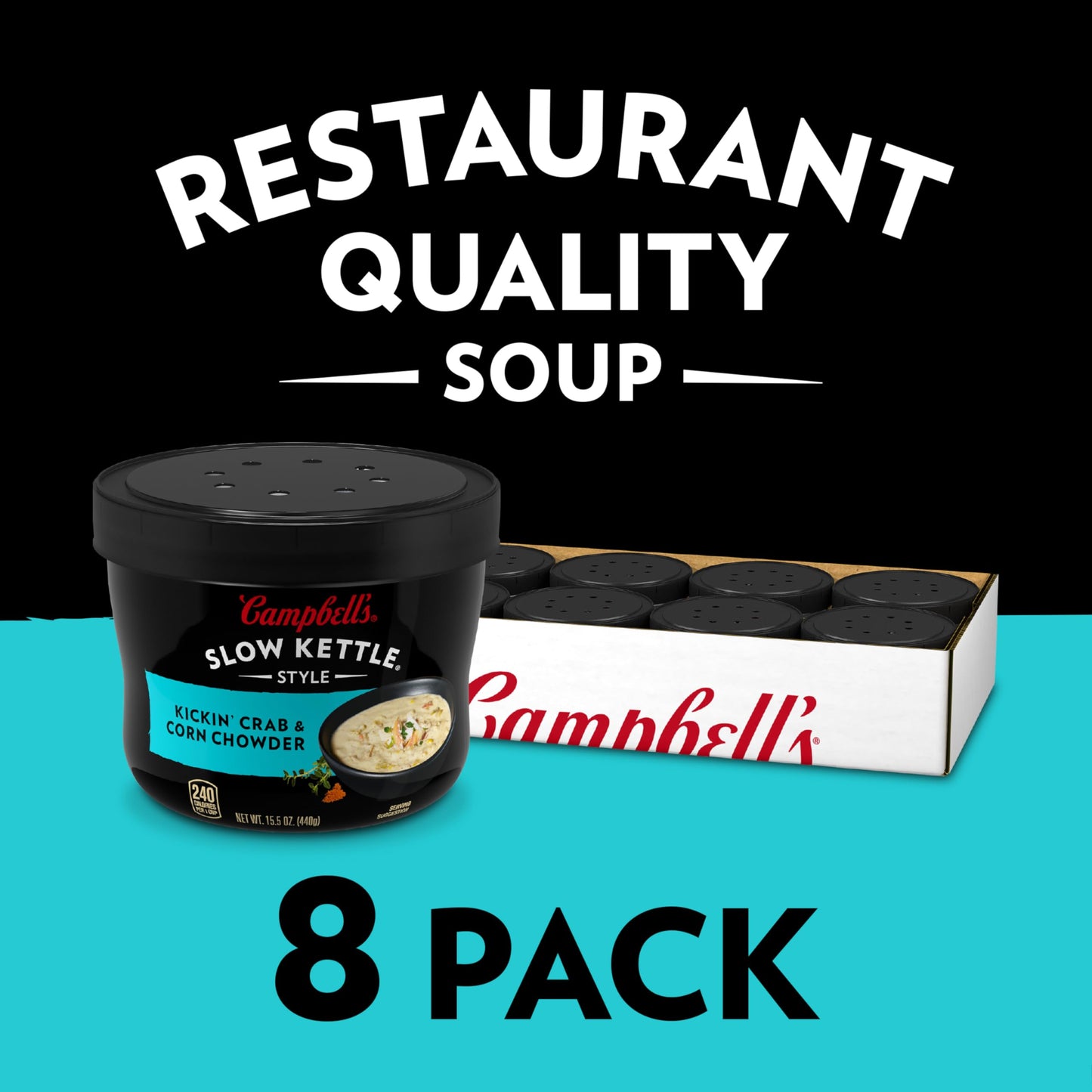 Campbell's Slow Kettle Style Kickin' Crab & Corn Chowder, 15.5 oz Microwavable Bowl, Pack of 8 - Delicious Soup for Quick Meals