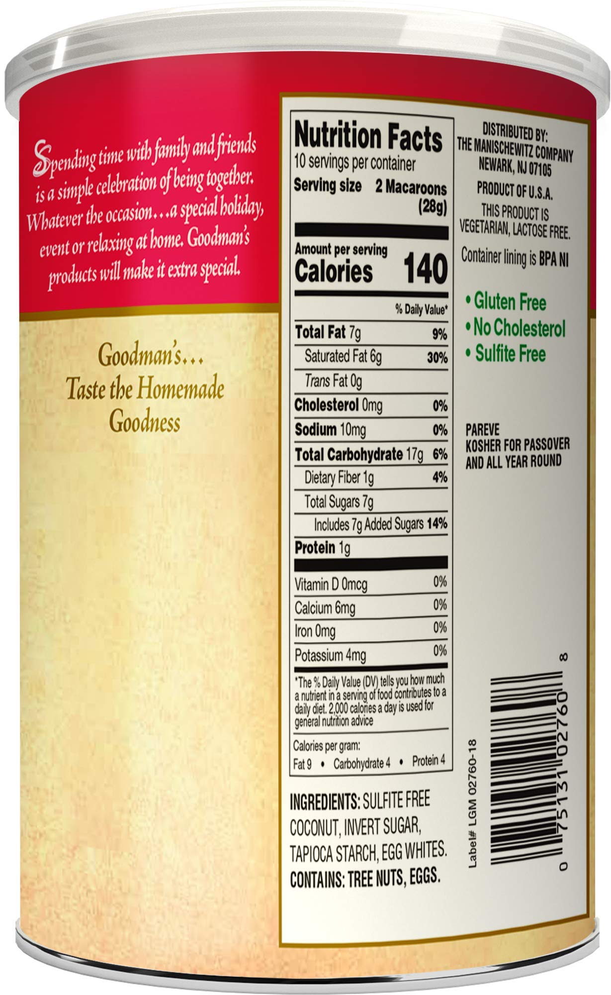 Goodman'S Gluten Free Coconut Macaroons 10Oz (2 Pack), No Cholesterol, Sulfite Free, Lactose Free, Kosher For Passover & Year Ro