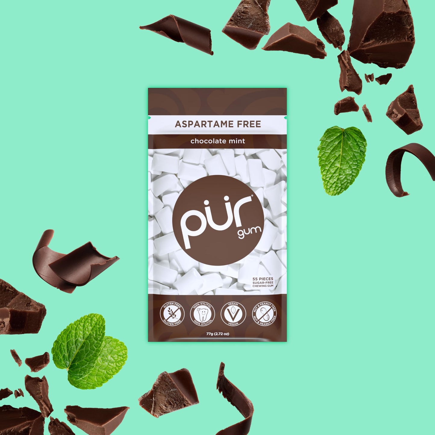 Pur Gum | Aspartame Free Chewing Gum | 100% Xylitol | Natural Chocolate Mint Flavored Gum, 55 Pieces (Pack Of 12)