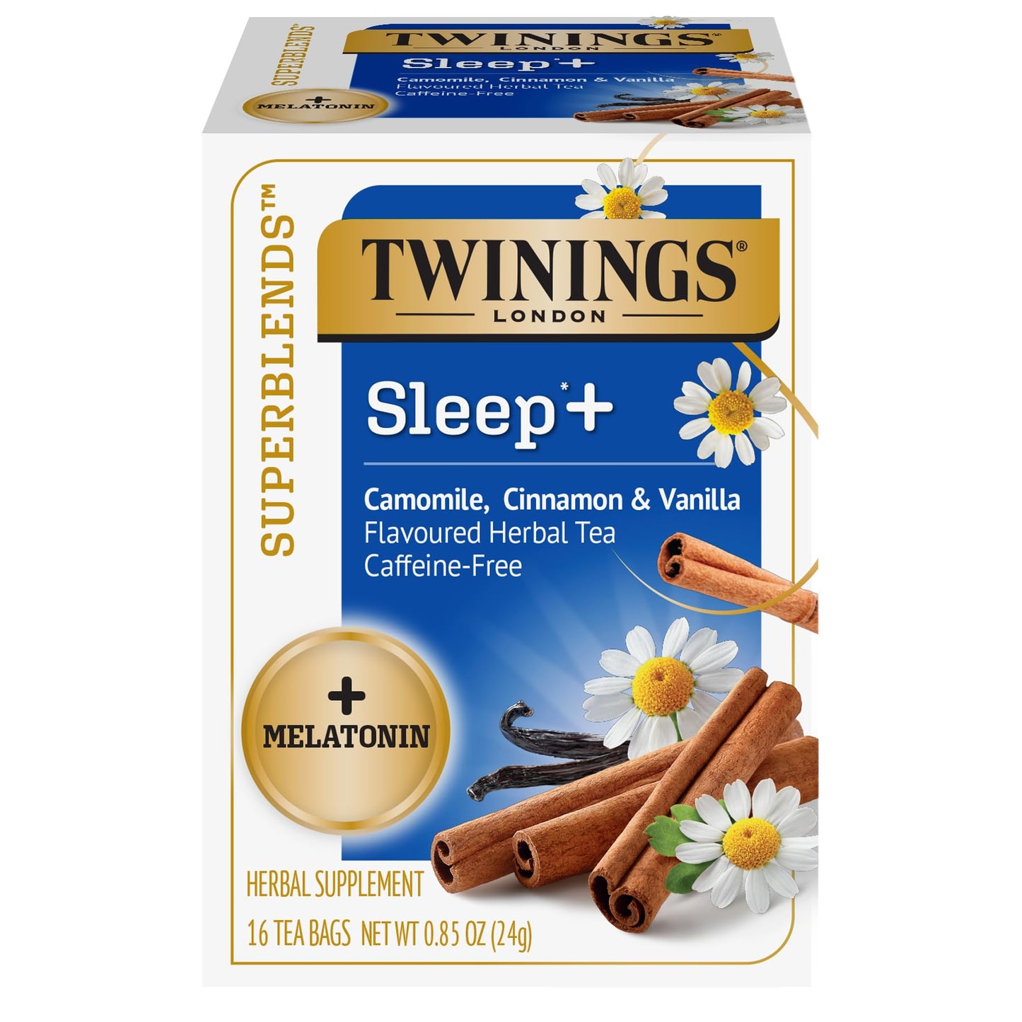 Twinings Superblends Sleep+ Herbal Tea with 1mg Melatonin Camomile  Cinnamon & Vanilla  Naturally Caffeine-Free  16 Tea Bags (Pack of 1)  Enjoy Hot or Iced