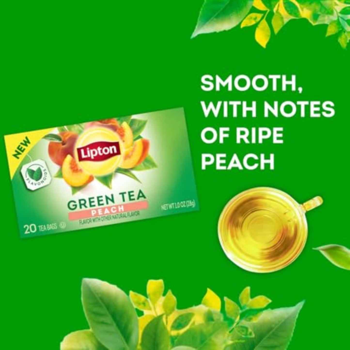 Lipton Peach Green Tea Bags, Flavored Unsweetened, 20 Count, Caffeine and Flavonoids, Model 800323