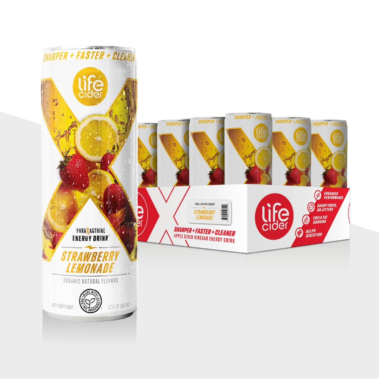 LIFE CIDER Energy Drink - Paraxanthine & Organic Apple Cider Vinegar, Strawberry Lemonade Flavor, 12 fl oz Cans, 12 Pack