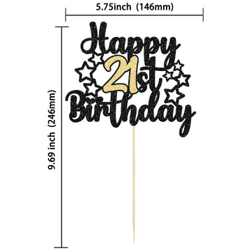 Gyufise 1Pc Happy 21St Birthday Cake Topper Black Gold Glitter Cheers To 21 Years Birthday Cake Pick 21 Fabulous Cake Decoration