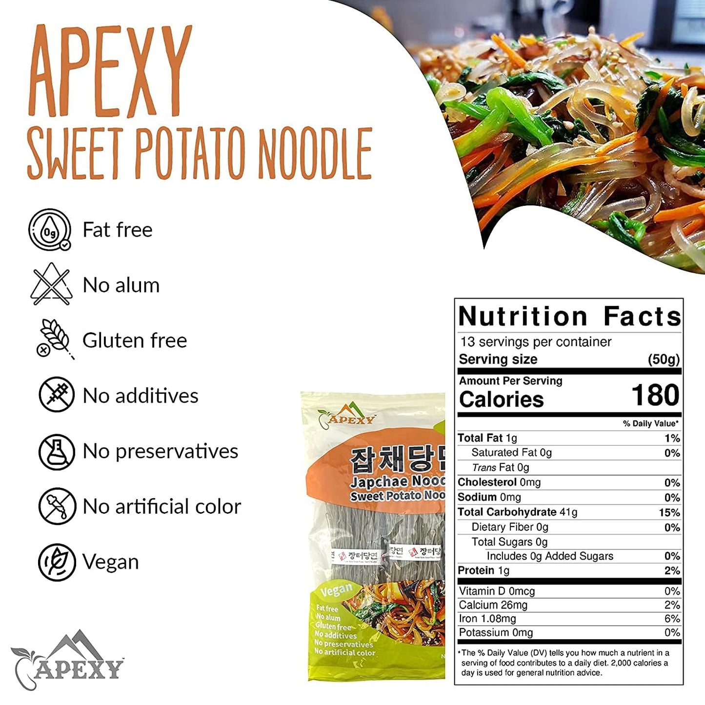 Apexy Sweet Potato Glass Noodles, Japchae Noodles, Korean Vermicelli Pasta, Fat-Free And Gluten-Free, 100% Sweet Potato Starch, No Additive, No Alum Inside, 24Oz (680G)