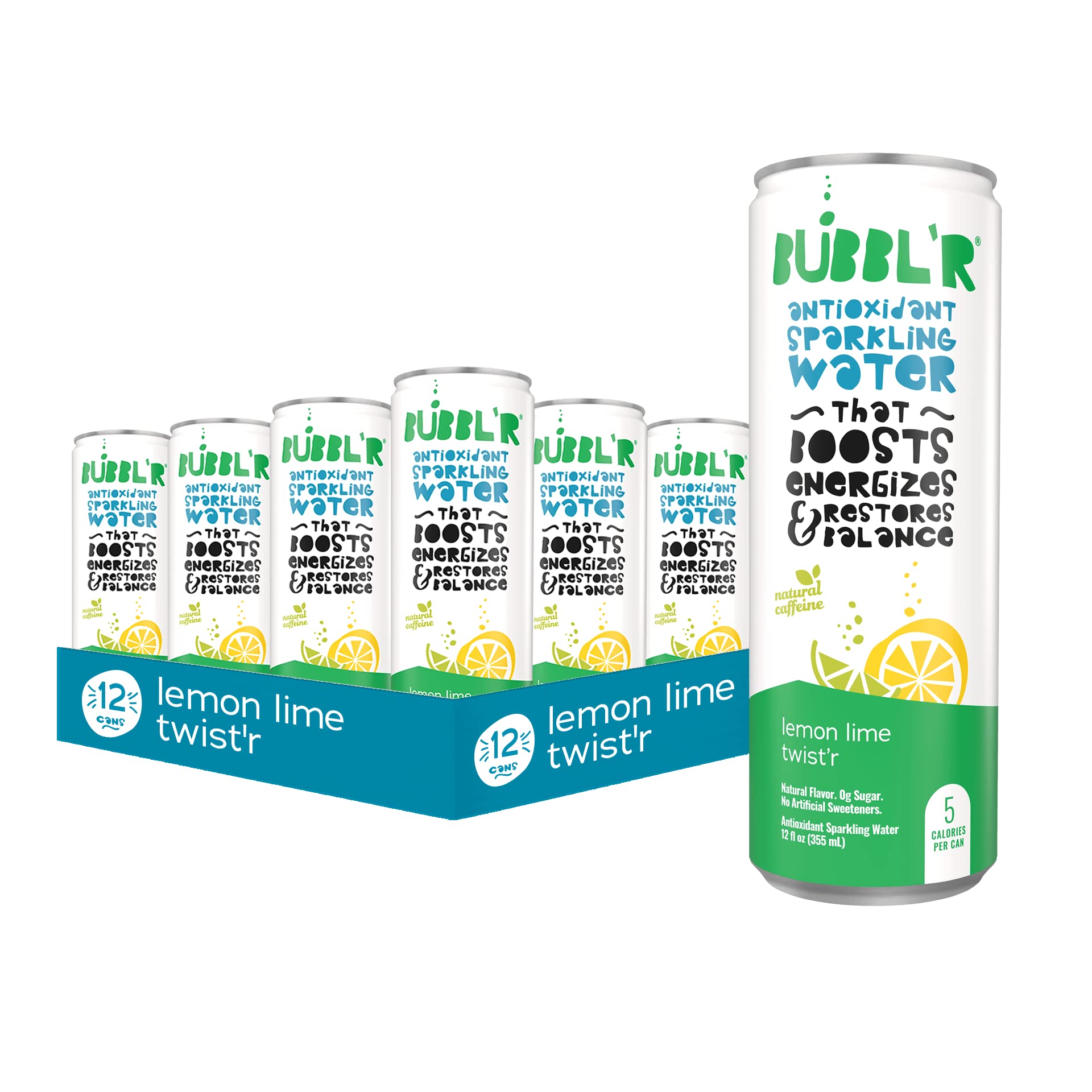 Bubblr Antioxidant Sparkling Water, Lemon Lime Twistr, 12 Fl Oz Cans, 12 Count, 0g Sugar, Gluten Free, All Natural Flavors