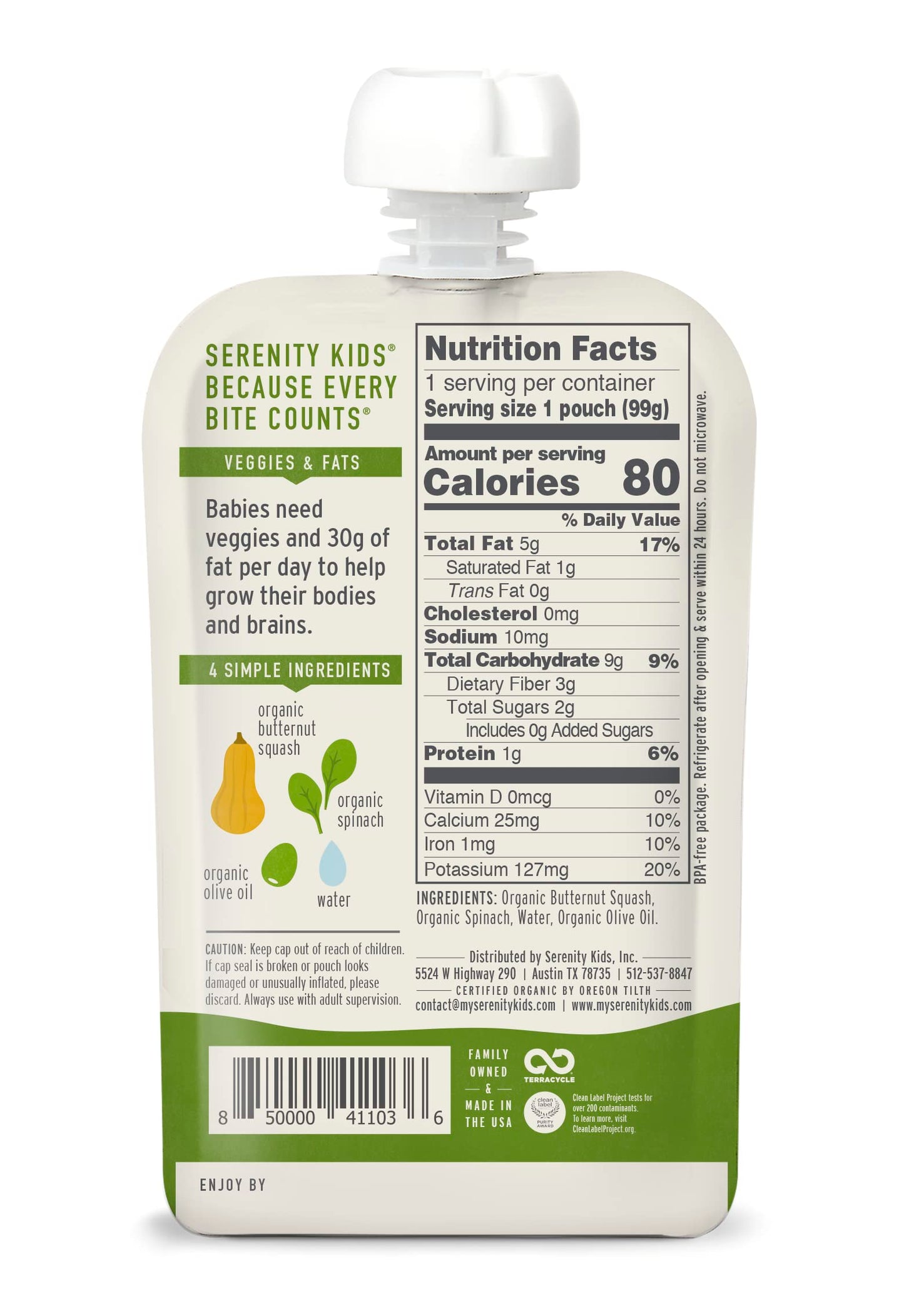 Serenity Kids 6+ Months Veggie Puree Baby Food Pouches - Usda Organic No Added Sugar - Butternut Squash & Spinach Blend - Bpa & Allergen Free - 3.5 Oz, 6 Pack