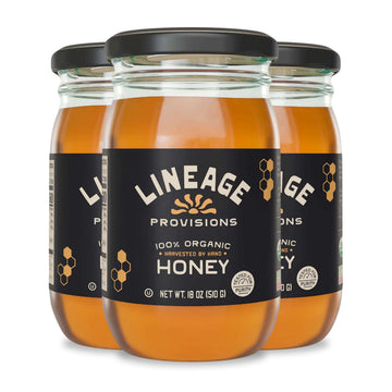 Lineage Provisions 100% Organic Raw Unfiltered Honey - 3-Pack (18 oz Glass Jars) - Undetectable Glyphosate, Chemical-Free, Glute
