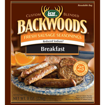 Lem Products Backwoods Reduced Sodium Breakfast Fresh Sausage Seasoning, Ideal For Wild Game And Domestic Meat, Seasons Up To 25 Pounds Of Meat, 8 Ounce Packet