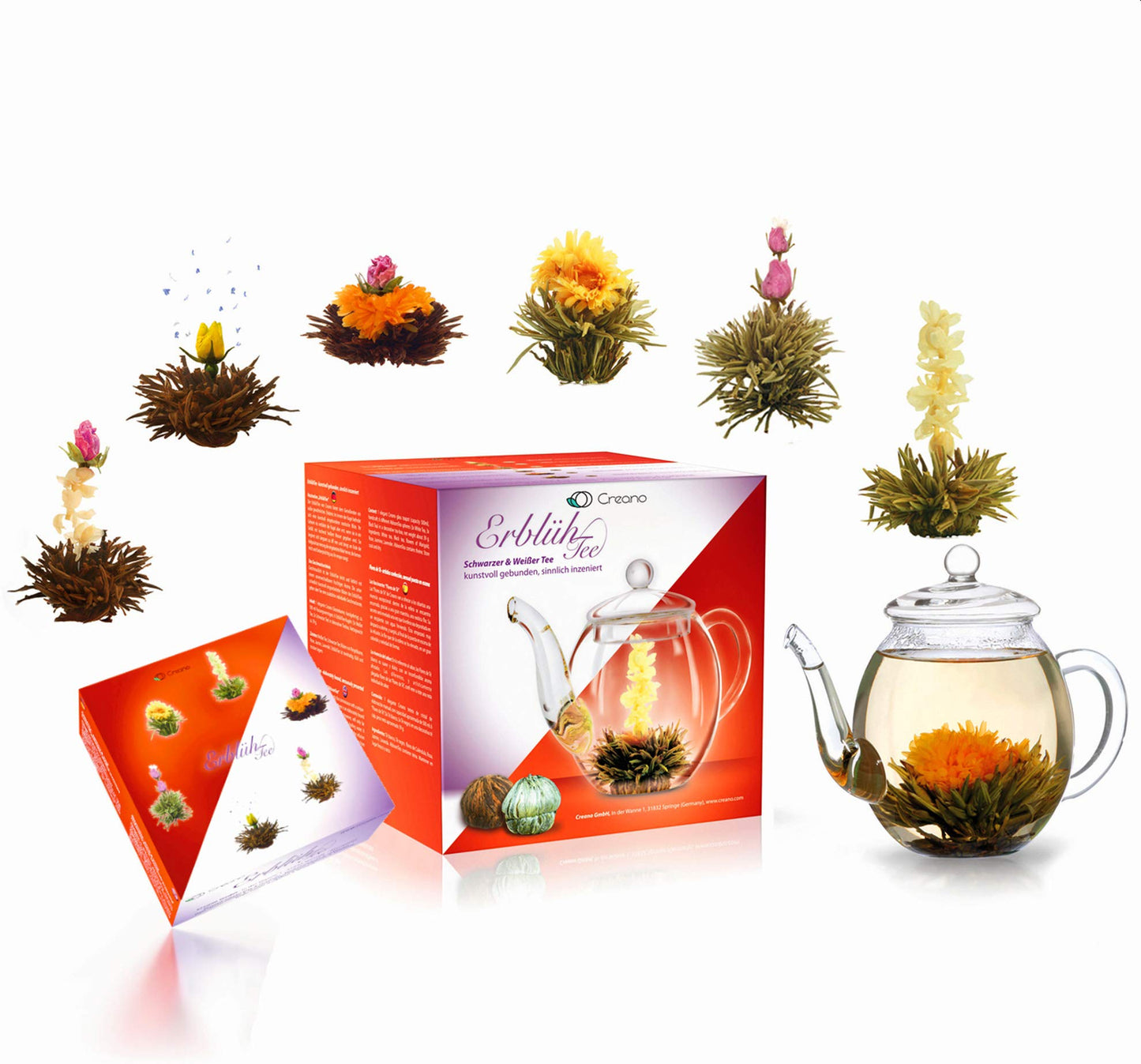 Creano Blooming Tea Gift Set With Glass Pot 17Oz/500Ml With 6 Flowering-Tea Each 3Pcs White & Black Tea