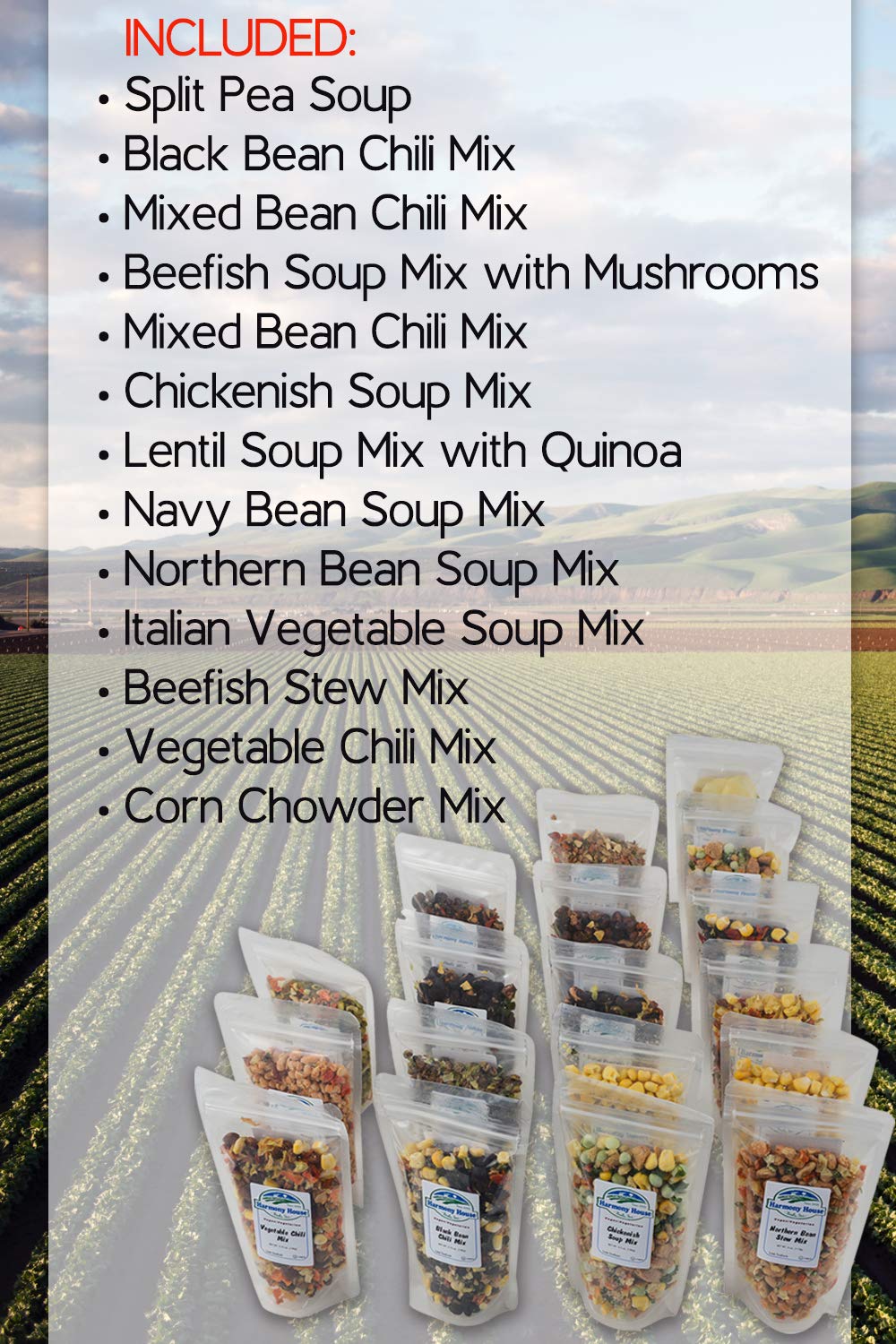 Harmony House Backpacking Soup & Chili Kit – 18 Count Variety Pack, Resealable Zip Pouches, White