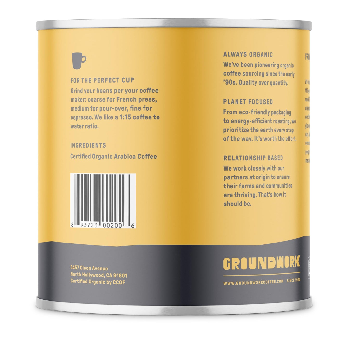 Groundwork Certified Organic Whole Bean Coffee, Black Gold, 16 oz Can