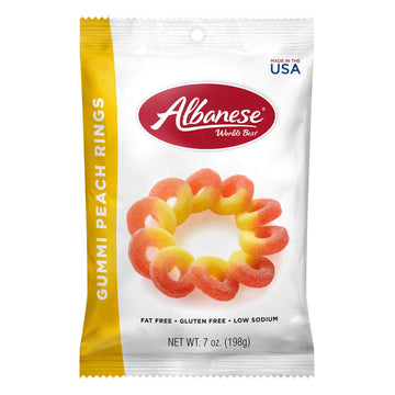 Albanese World's Best Gummi Peach Rings, 7oz Bag of Candy (Pack of 12), Individually Wrapped Soft & Chewy Candy Snacks