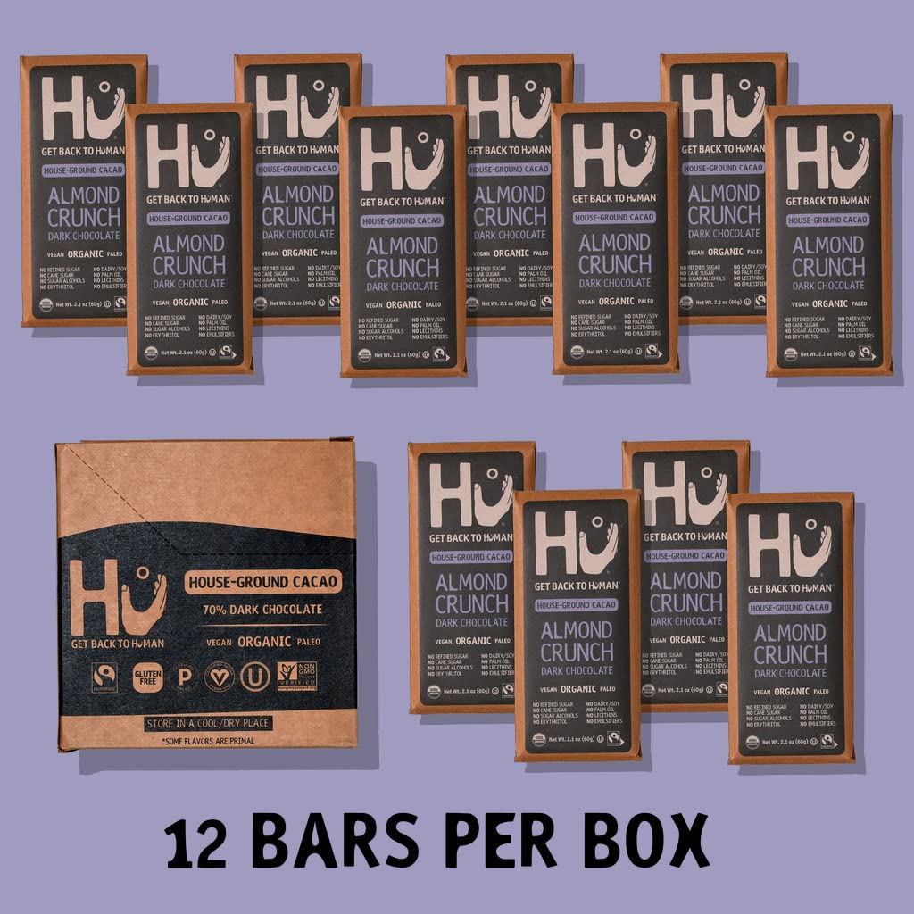 Hu Chocolate Bars | 12 Pack Almond Crunch Chocolate | Natural Organic Vegan, Gluten Free, Paleo, Non Gmo, Fair Trade Dark Chocol