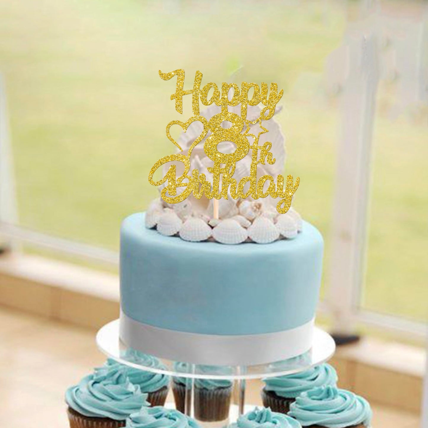 YCTHUNFISH Birthday Cake Topper, Gold Glitter Heart Star, 8th Birthday Decorations, Paper, 1 Pack