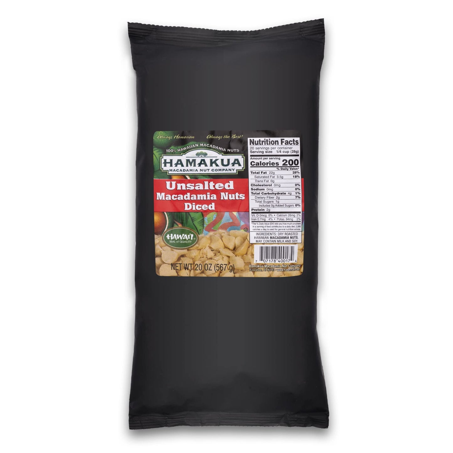 Hamakua Macadamia Nuts - Dry Roasted Diced - Unsalted - 20oz (1.25 lb) - Hawaiian Grown