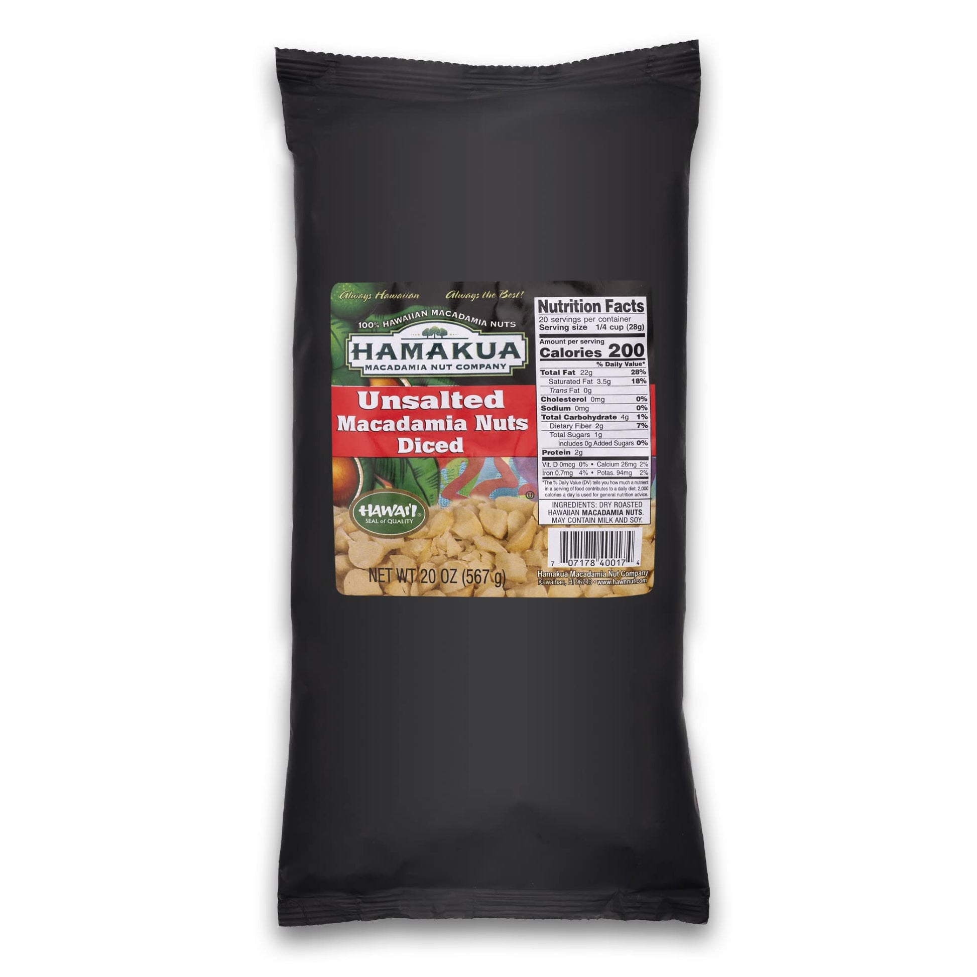 Hamakua Macadamia Nuts - Dry Roasted Diced - Unsalted - 20oz (1.25 lb) - Hawaiian Grown
