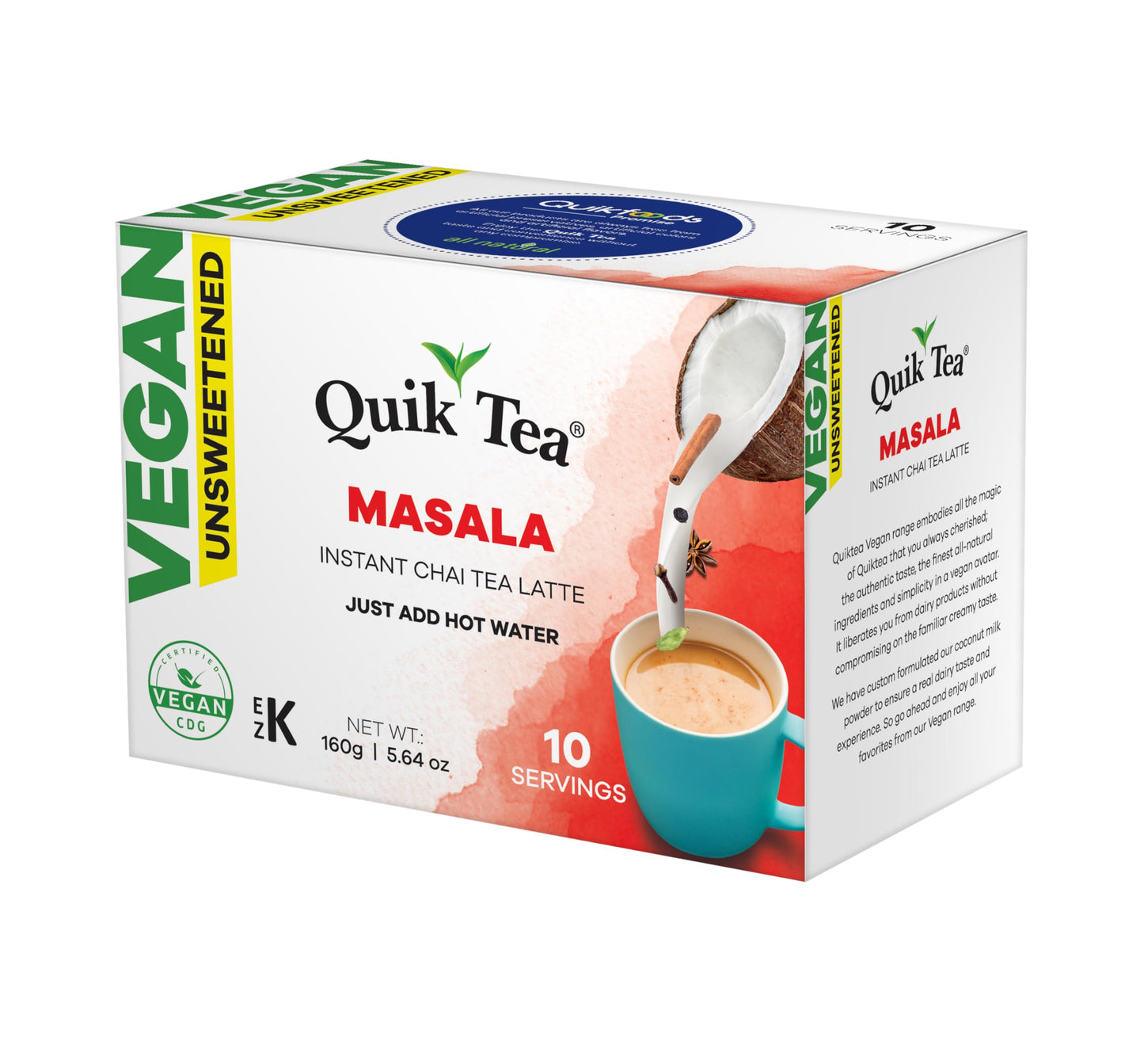 Quiktea Vegan Unsweetened Masala Instant Chai Tea Latte - 10 Count Single Box - Convenient, Easy Ayurvedic Dairy Free Alternativ
