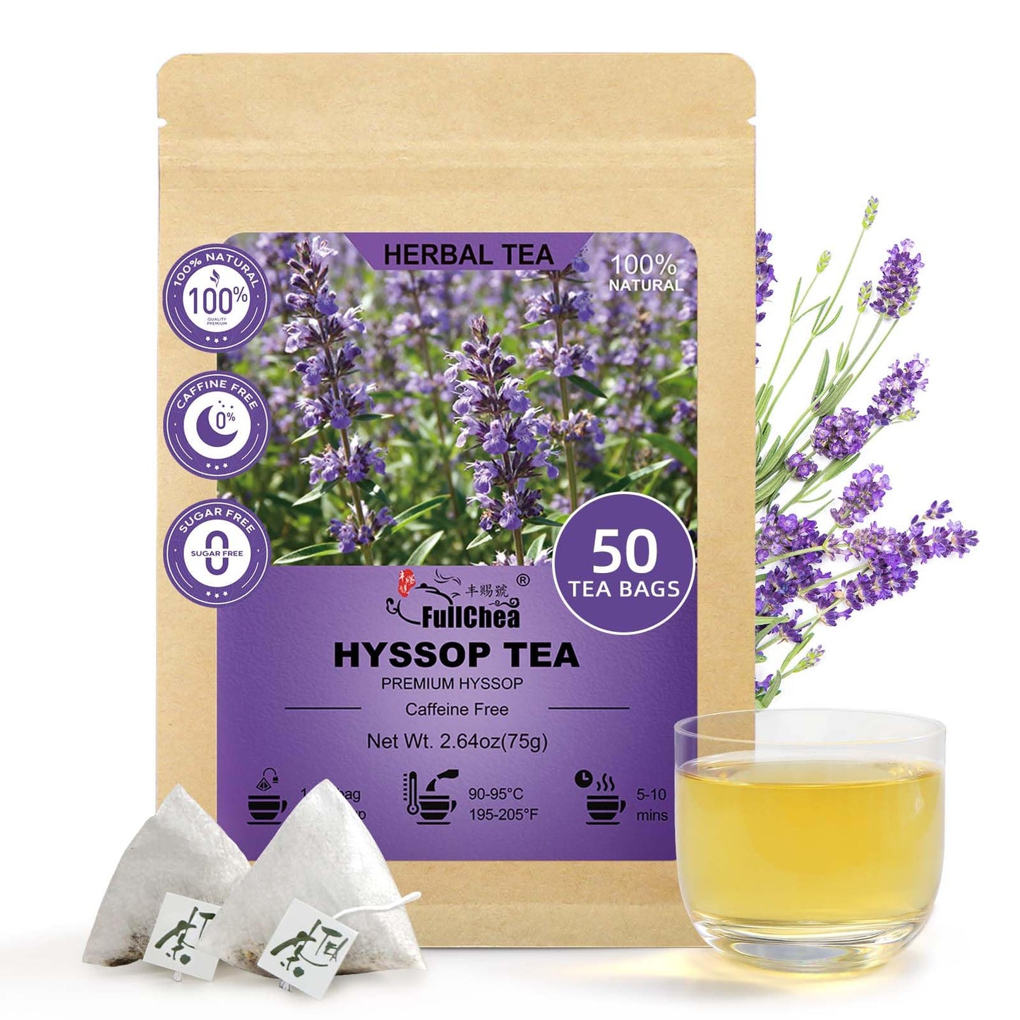 Fullchea - Hyssop Tea Bags  50 Count Energy Blend-Free Herbal Tea Bags  Top-Grade Hyssop  Support Digestion & Promote Relaxation