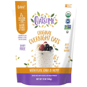 Oatsome Organic Overnight Oats with Chia, Flax, & Hemp, Gluten-Free Oatmeal with 7g of Protein, 12oz Bag