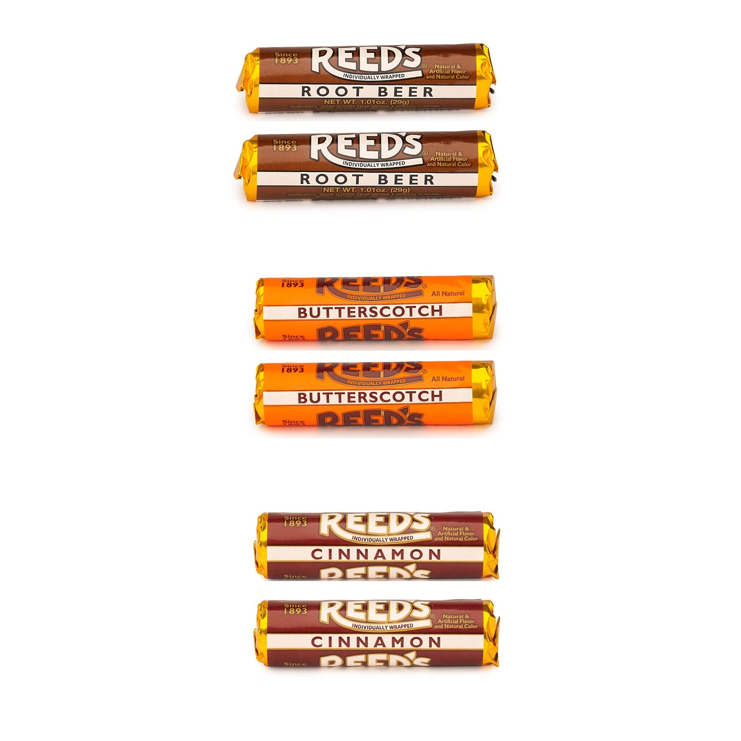 Reeds Candy Rolls - Butterscotch, Cinnamon, Root Beer - Pack of 6 (1.76oz) - Traditional Hard Candy