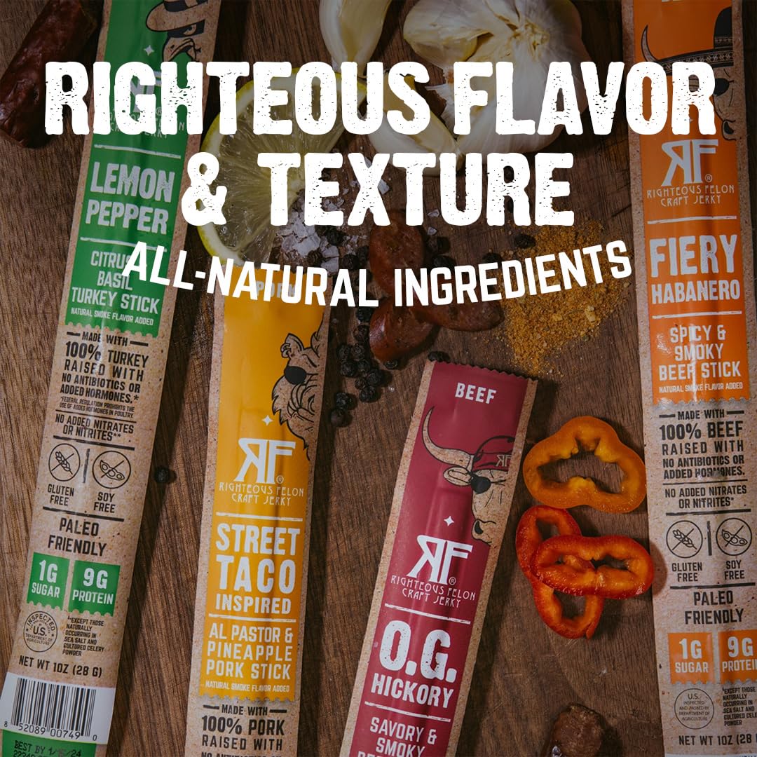 Righteous Felon Meat Sticks Variety Pack | Healthy Snack For Adults | Gluten Free & Keto Meat Sticks | Low Sugar & High Protein
