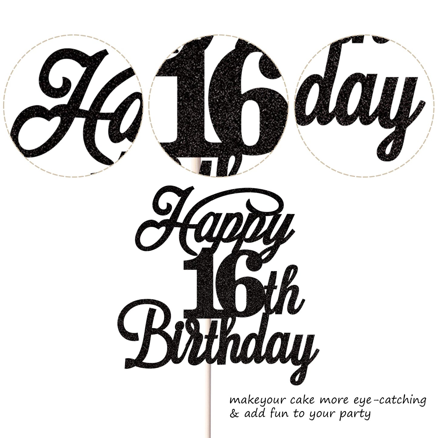 Rssta i Happy 16th Birthday Cake Topper, Black Glitter, 16 & Fabulous, Paper Decoration, Model XM063-Black 16th