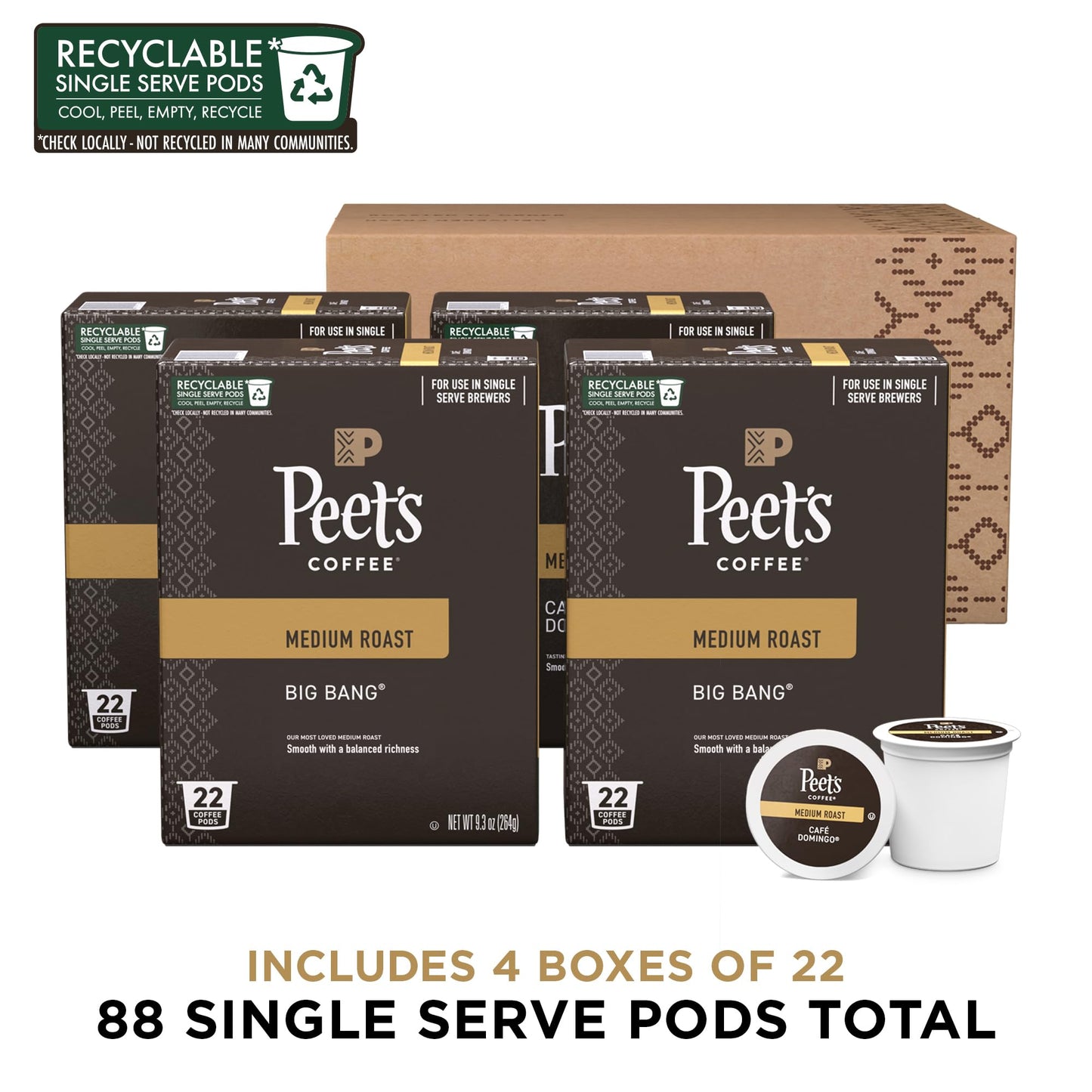 Peets Coffee Medium Roast K-Cup Pods, Big Bang - 88 Count, Compatible with Keurig malt-inspired