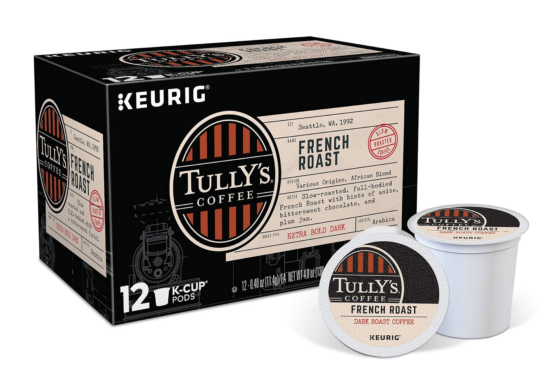 Tully'S Coffee French Roast Keurig Single-Serve K-Cup Pods, Extra Bold Dark , 12 Count