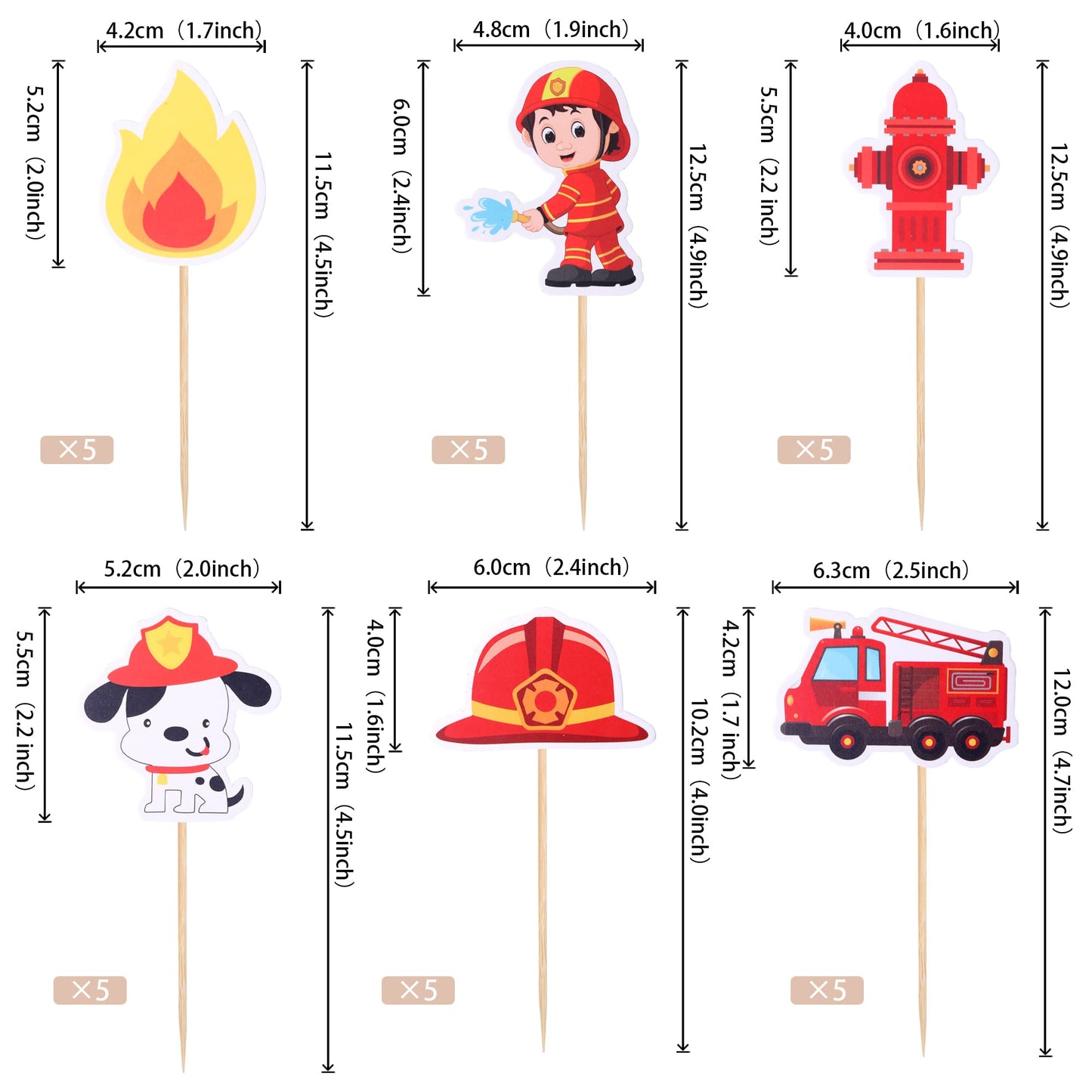 ZHUOWEISM Fire Truck Cupcake Toppers, 30 PCS, Bamboo, Design 3, Small, Fire Department Theme, Baby Shower Birthday Party Decorations